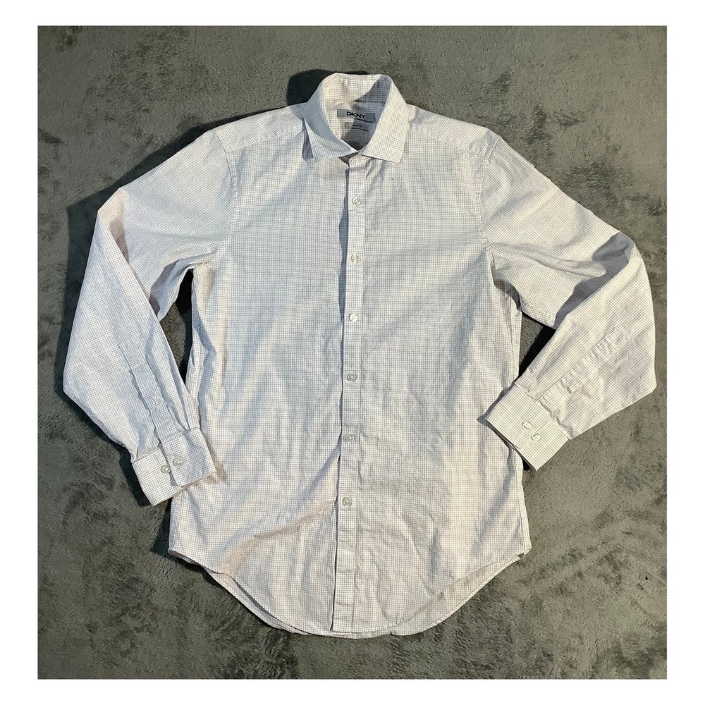 DKNY Men's Slim Fit Dress Shirt S 14.5 32/33 White Purple Grid 100% Cotton